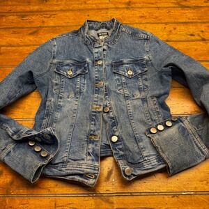 111 State Womens Denim Jacket Medium Wash Distressed Button Cuff Blue Size S